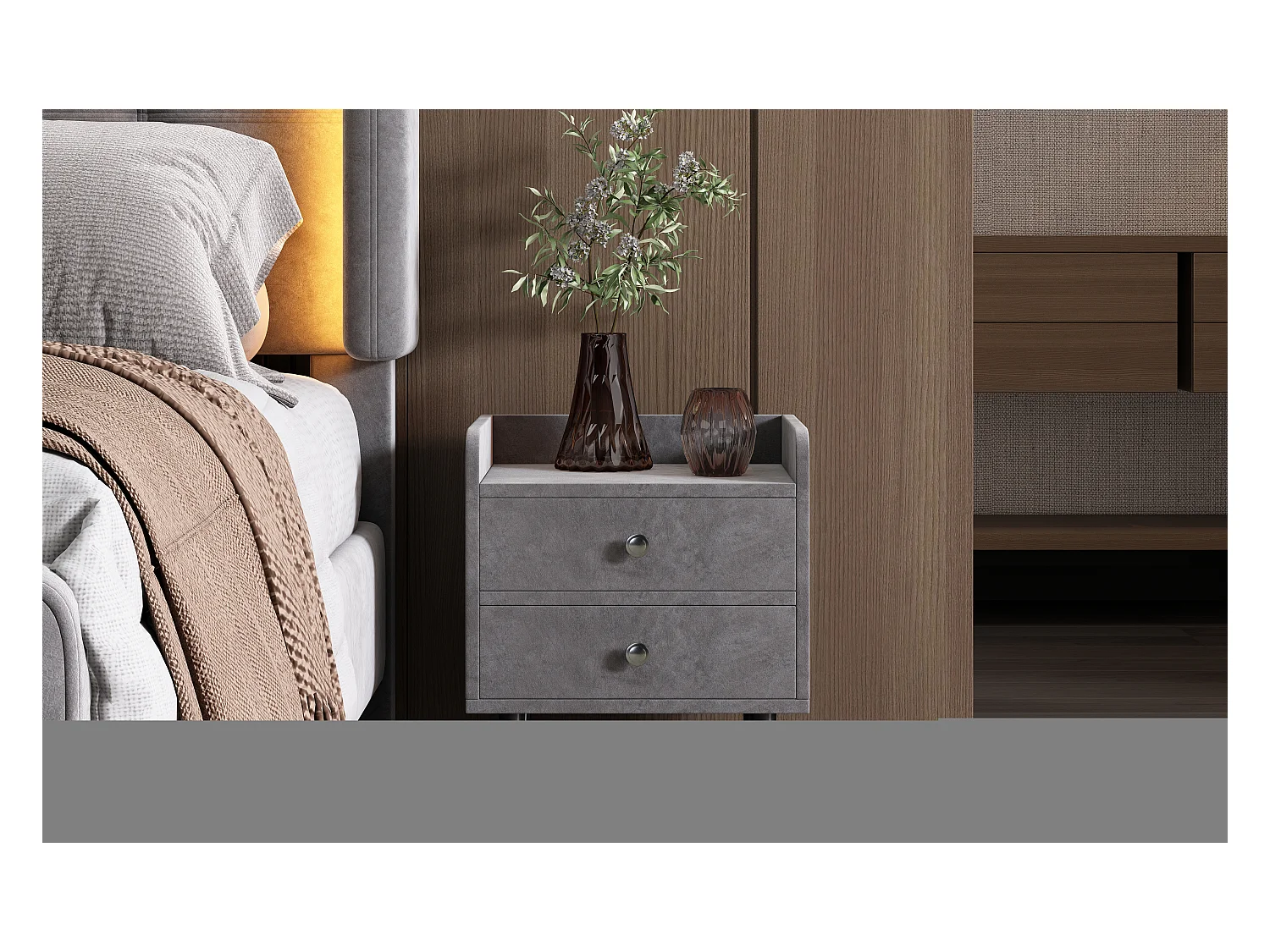 Table de chevet tapissée avec 2 tiroirs, miroir LED, poignée en métal, velours, gris (43,5x35,5x49cm)