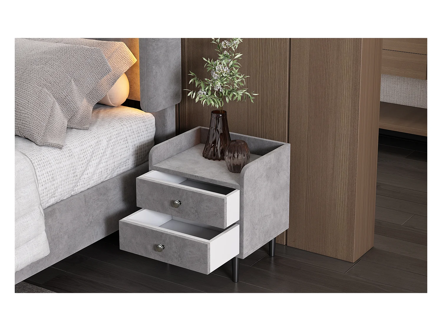 Table de chevet tapissée avec 2 tiroirs, miroir LED, poignée en métal, velours, gris (43,5x35,5x49cm)