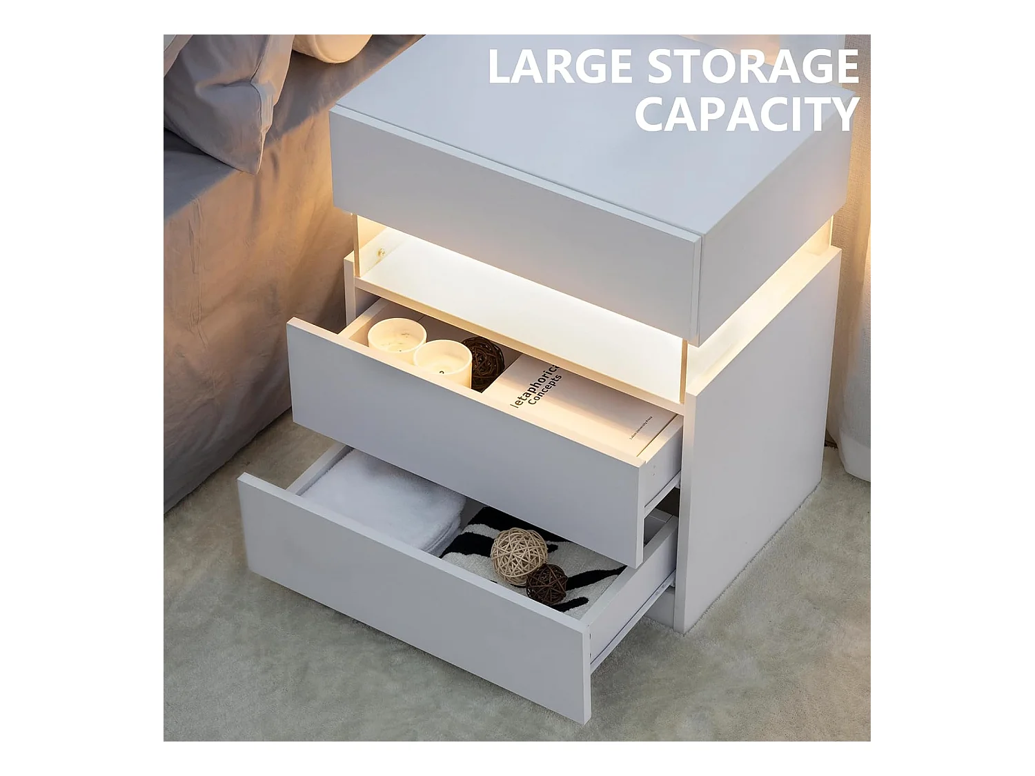 Table de chevet LED avec 3 tiroirs, table de chevet LED acrylique pour chambre, MDF, blanc (48x38x61cm)