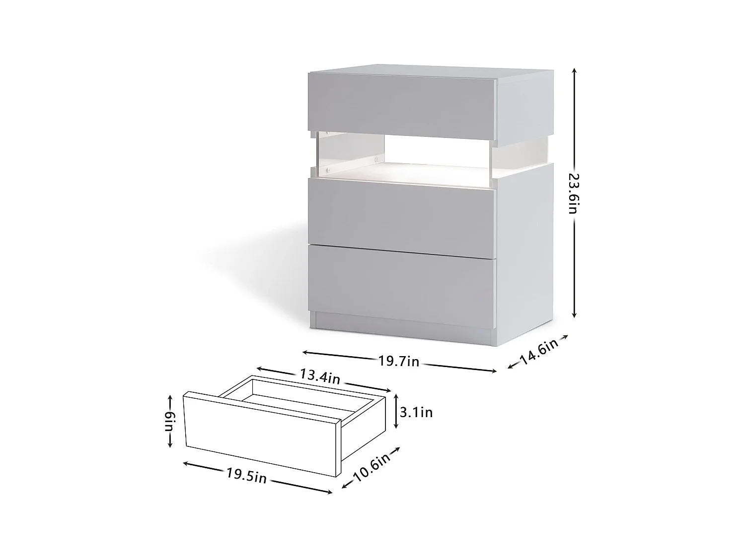 Table de chevet LED avec 3 tiroirs, table de chevet LED acrylique pour chambre, MDF, blanc (48x38x61cm)