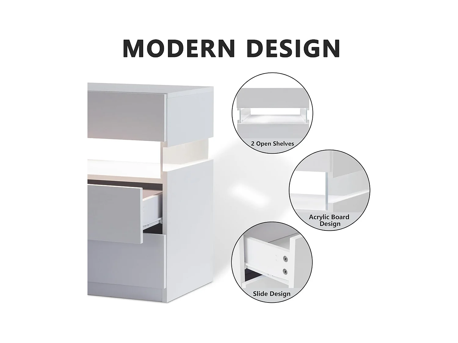 Table de chevet LED avec 3 tiroirs, table de chevet LED acrylique pour chambre, MDF, blanc (48x38x61cm)