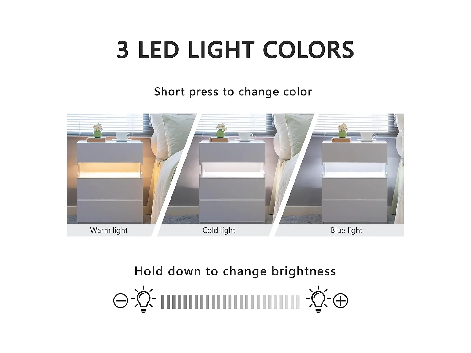 Table de chevet LED avec 3 tiroirs, table de chevet LED acrylique pour chambre, MDF, blanc (48x38x61cm)