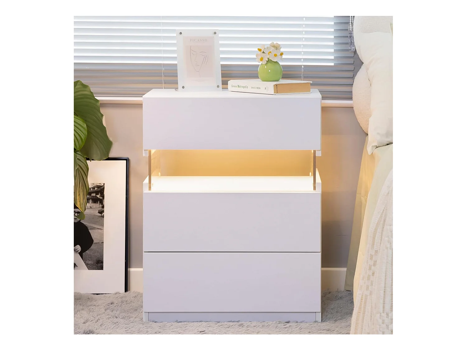 Table de chevet LED avec 3 tiroirs, table de chevet LED acrylique pour chambre, MDF, blanc (48x38x61cm)