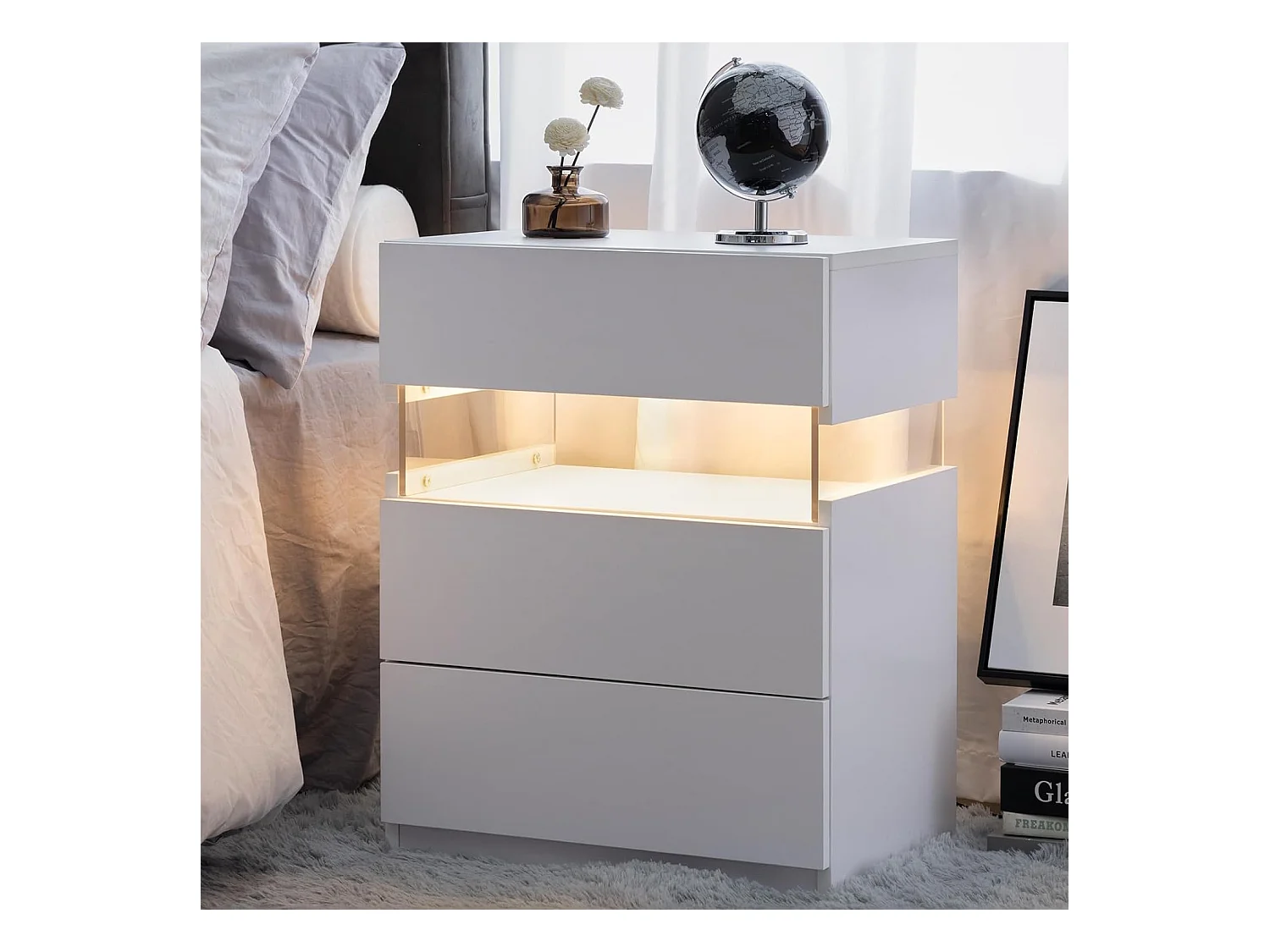 Mesita de noche LED con 3 cajones, mesita de noche LED acrílica para dormitorio, MDF, blanca (48 x 38 x 61 cm)