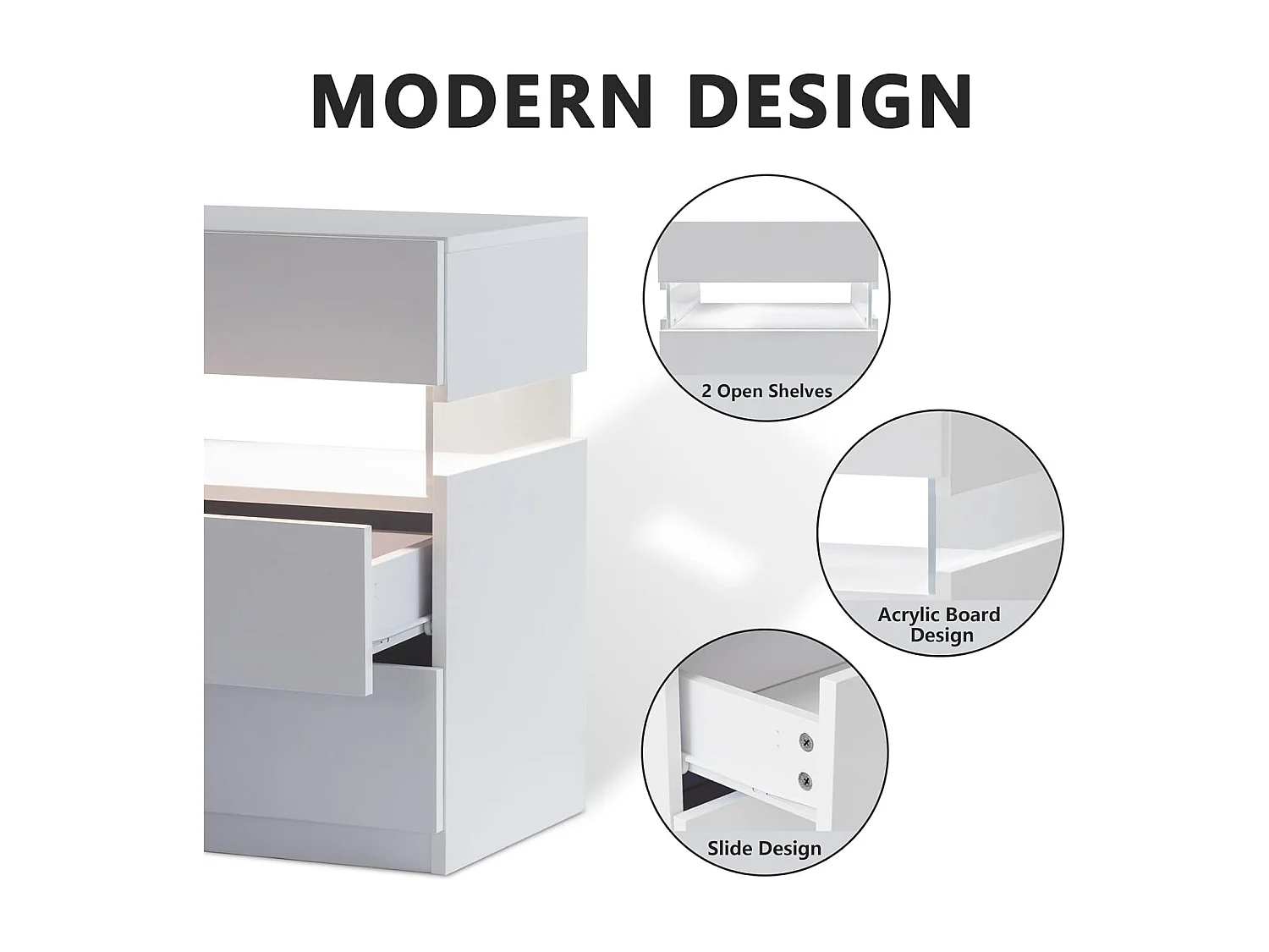 Table de chevet LED avec 3 tiroirs, table de chevet LED acrylique pour chambre, MDF, blanc (48x38x61cm)