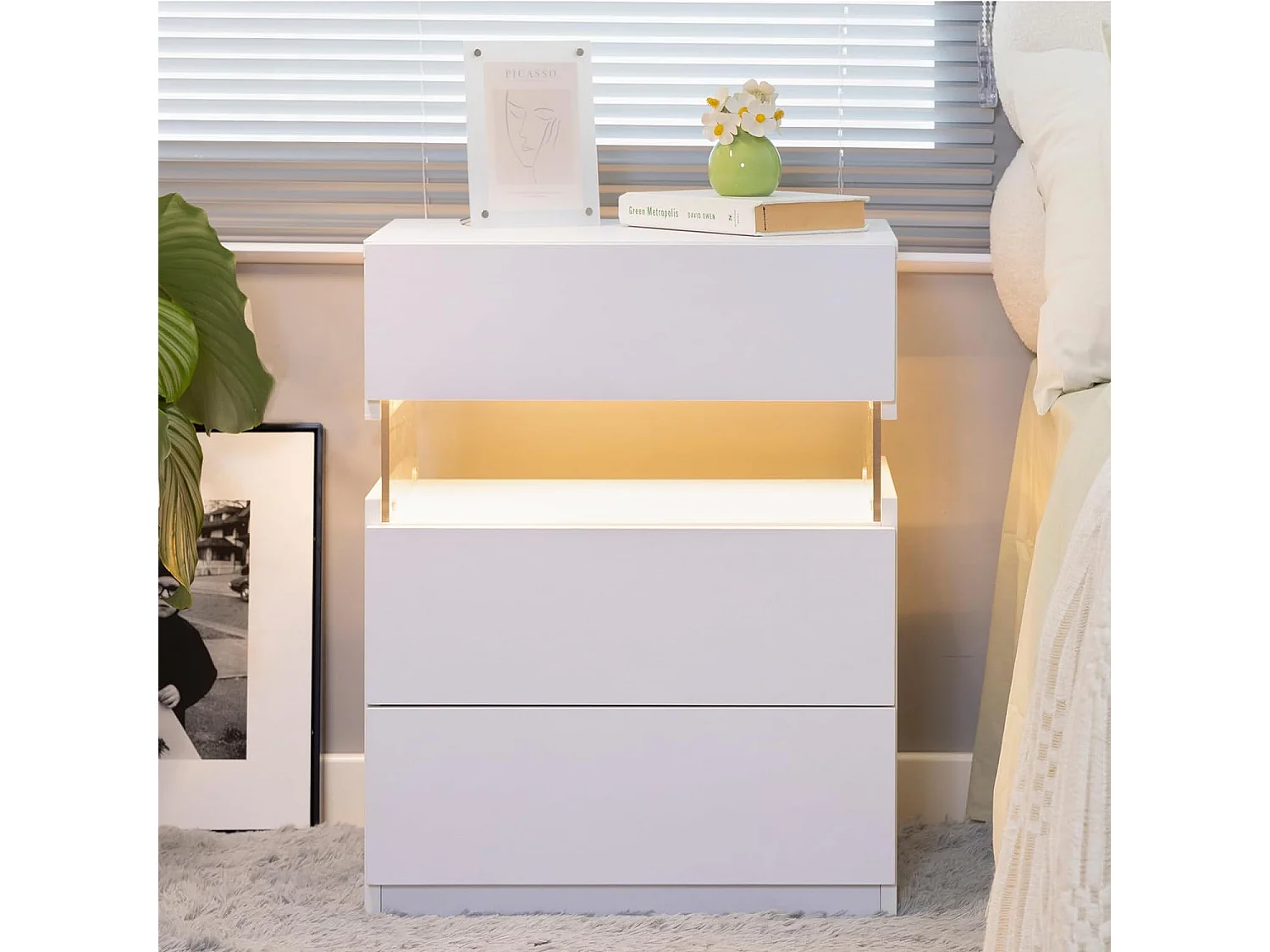 Table de chevet LED avec 3 tiroirs, table de chevet LED acrylique pour chambre, MDF, blanc (48x38x61cm)