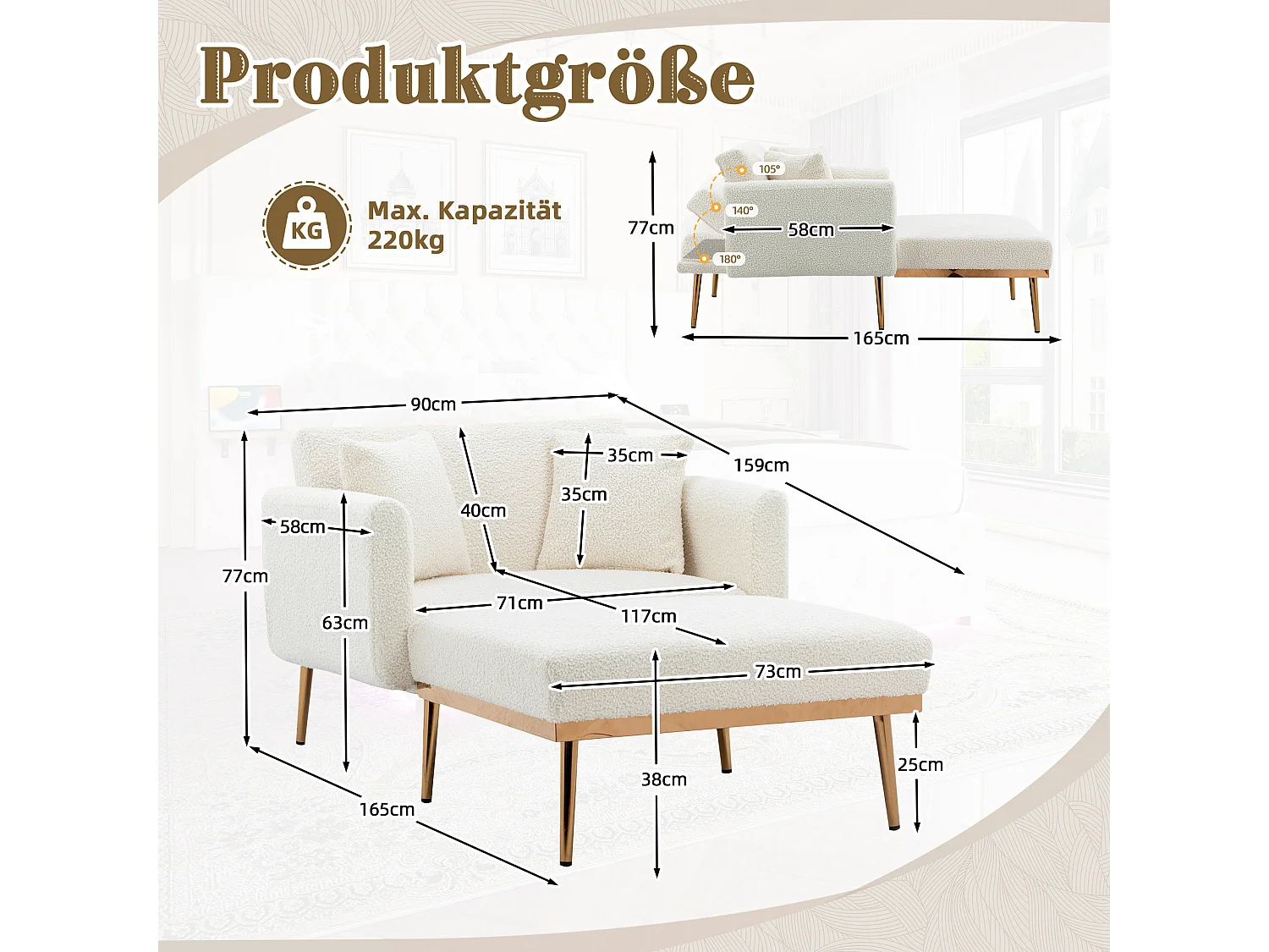 Blanc Sessel - Verstellbarer Sessel mit Armlehnen und Kissen - für wohnzimmer und büro