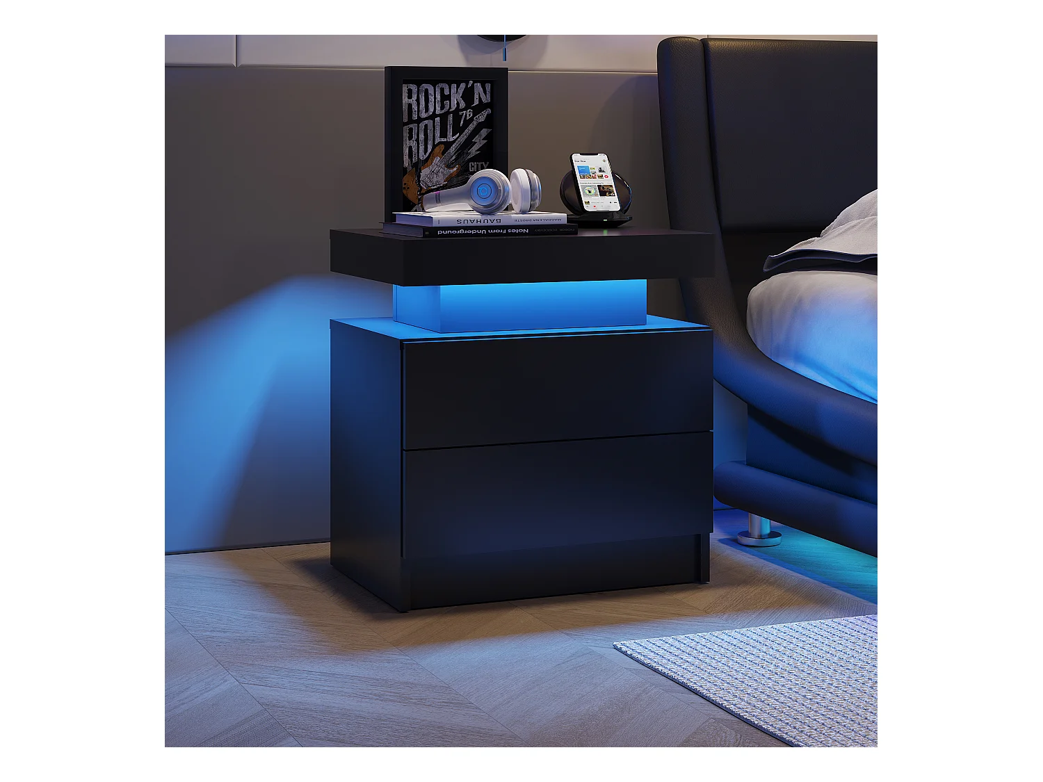 LED-nachtkastje met 2 lades, acryl blad, multi-color RGB-licht, MDF, zwart (50x53x36cm)