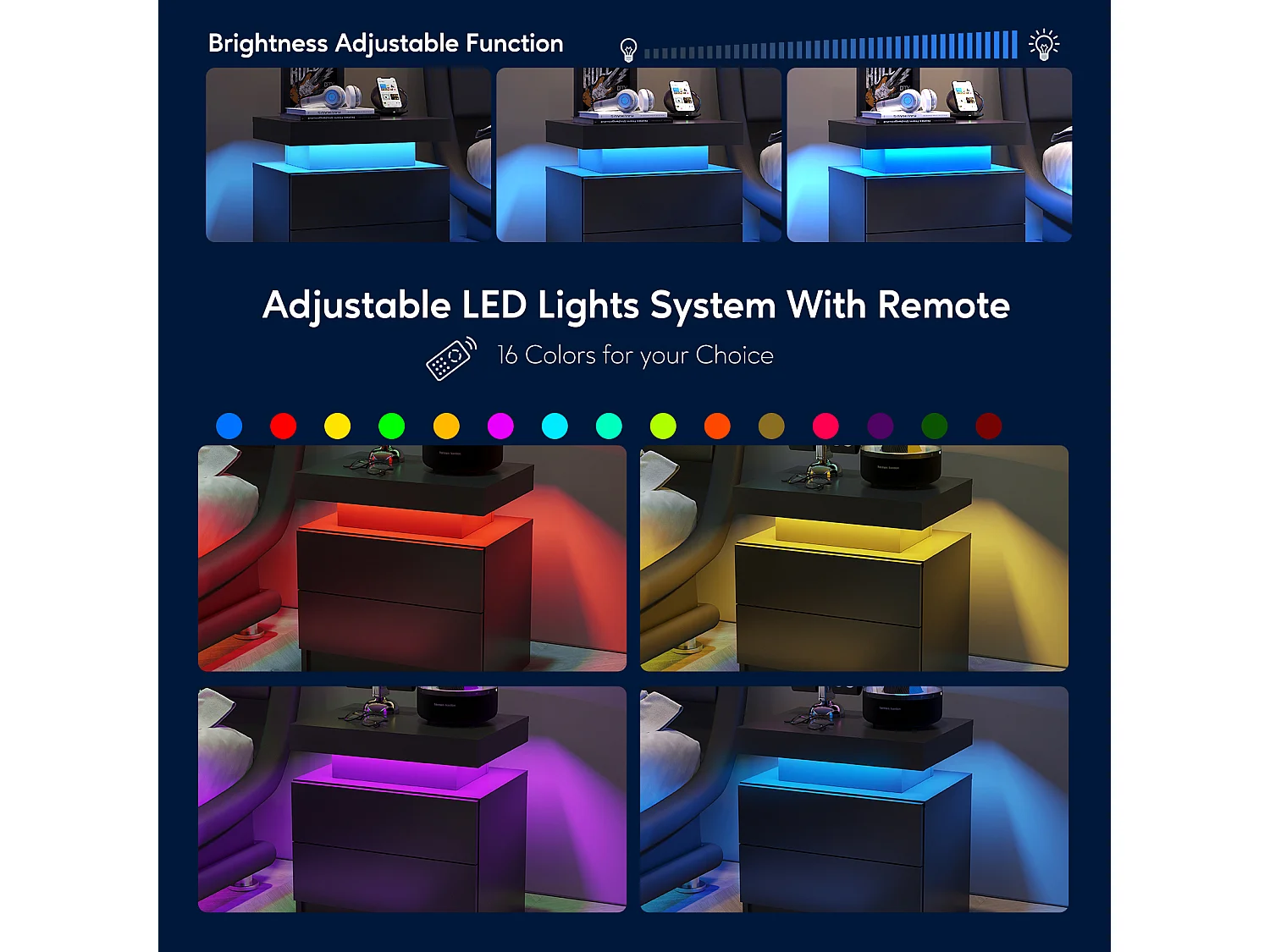 LED-nachtkastje met 2 lades, acryl blad, multi-color RGB-licht, MDF, zwart (50x53x36cm)