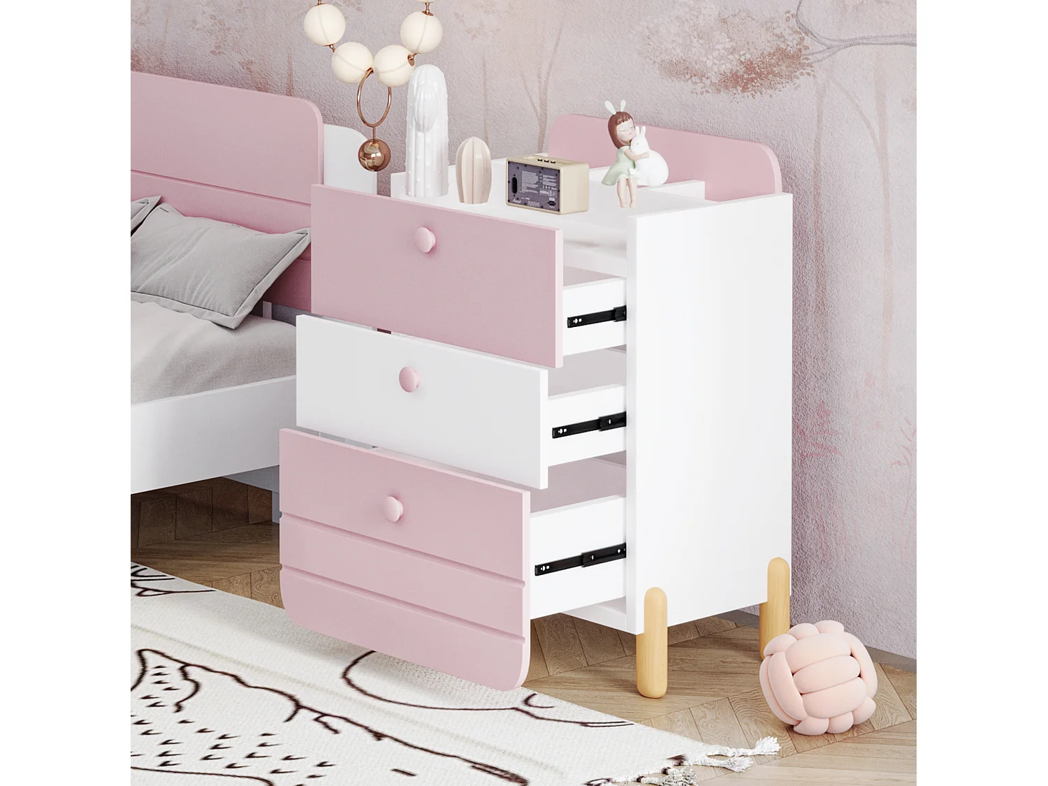 Comodino con 3 cassetti, design silenzioso, piano in rattan, maniglia in metallo, MDF, rosa (64x40x83cm)