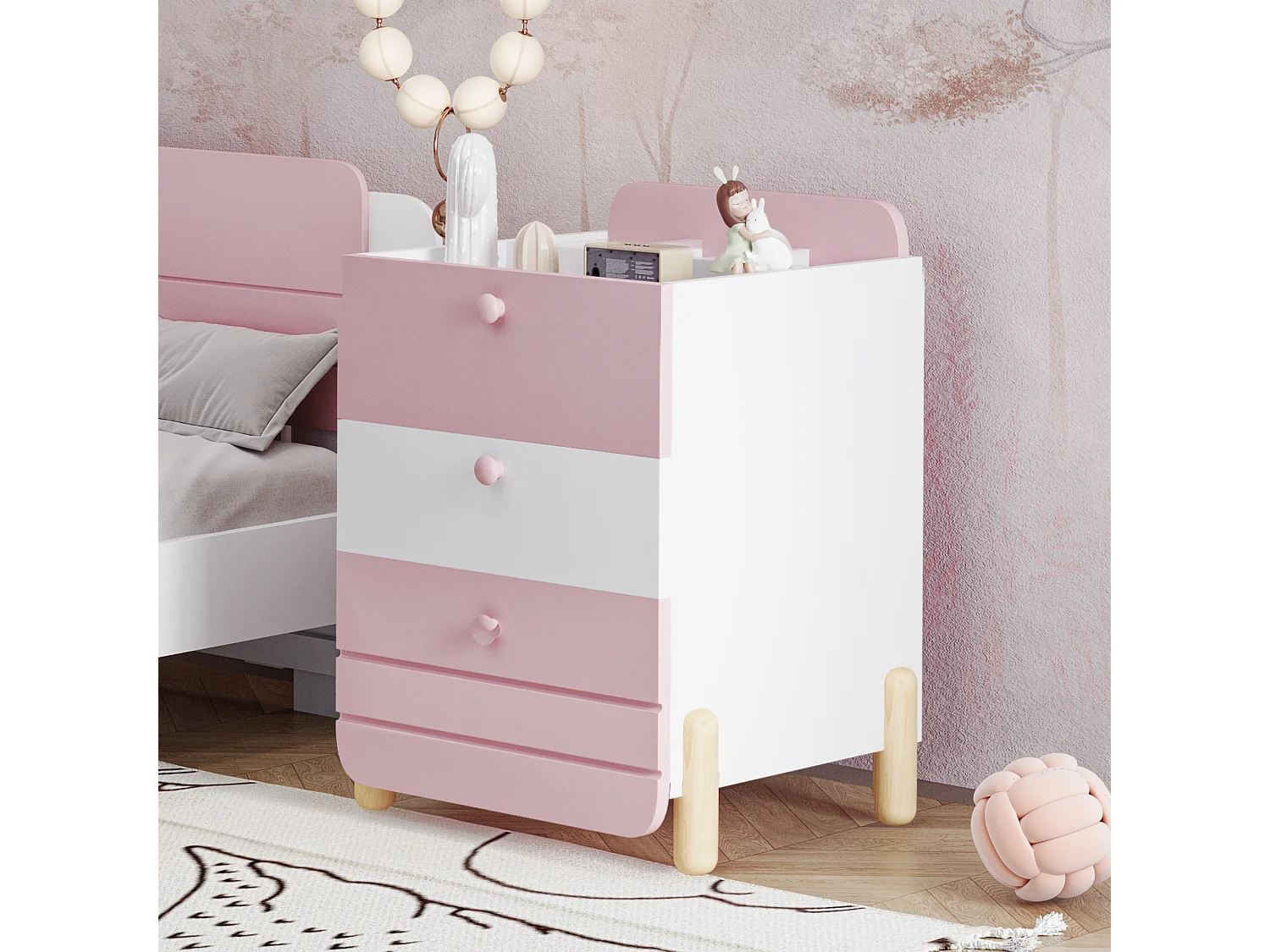 Comodino con 3 cassetti, design silenzioso, piano in rattan, maniglia in metallo, MDF, rosa (64x40x83cm)