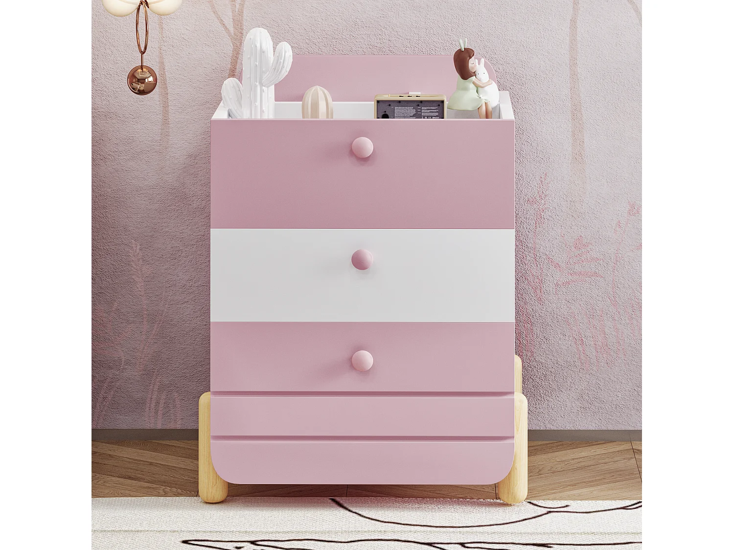 Comodino con 3 cassetti, design silenzioso, piano in rattan, maniglia in metallo, MDF, rosa (64x40x83cm)