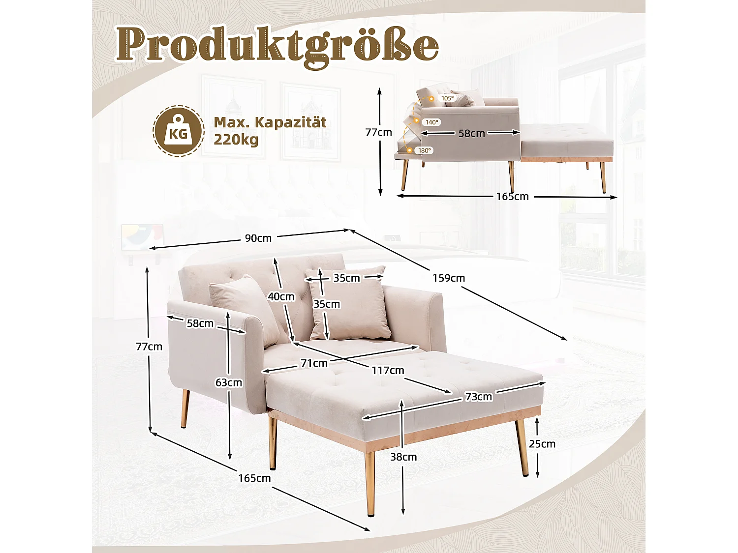 Beige Sessel - Verstellbarer Sessel mit Armlehnen und Kissen - für wohnzimmer und büro