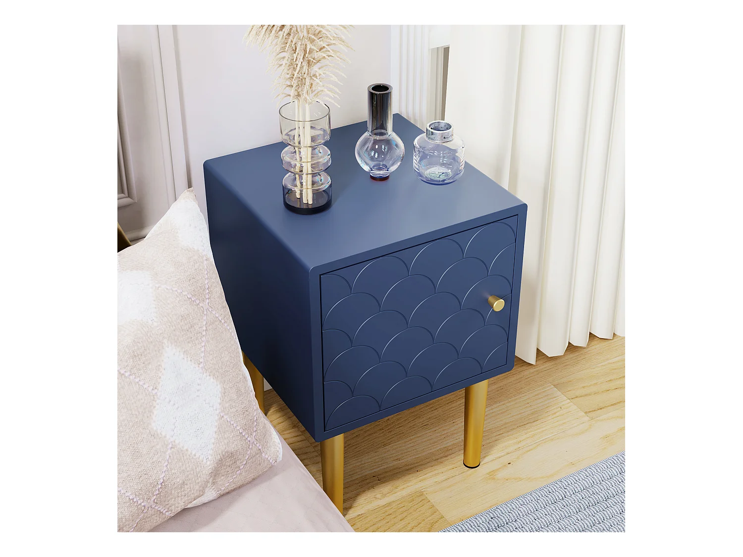 Table de chevet, lot de 2, table d'appoint, bleu marine, motif écailles de poisson, façade en rotin, pieds en métal (H50/L35/P35cm)