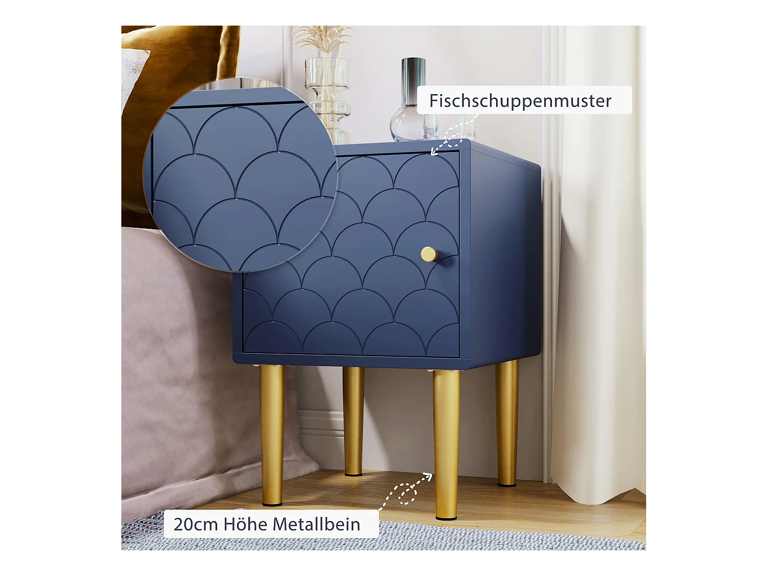 Table de chevet, lot de 2, table d'appoint, bleu marine, motif écailles de poisson, façade en rotin, pieds en métal (H50/L35/P35cm)