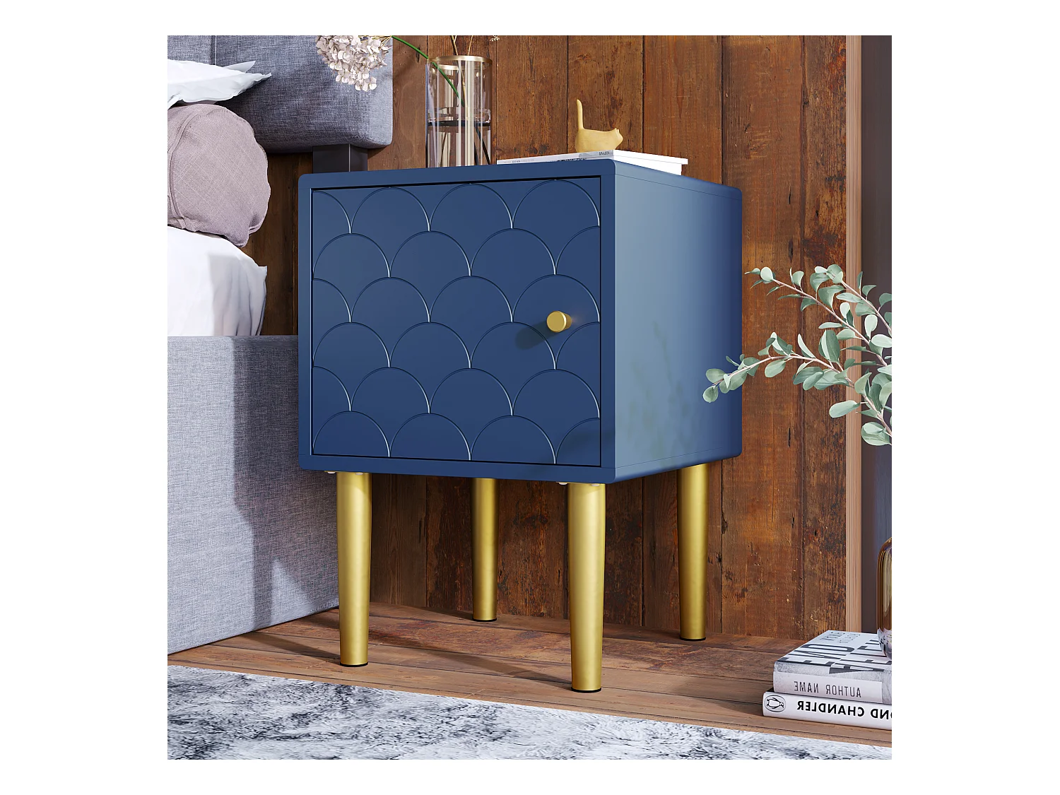 Table de chevet, lot de 2, table d'appoint, bleu marine, motif écailles de poisson, façade en rotin, pieds en métal (H50/L35/P35cm)