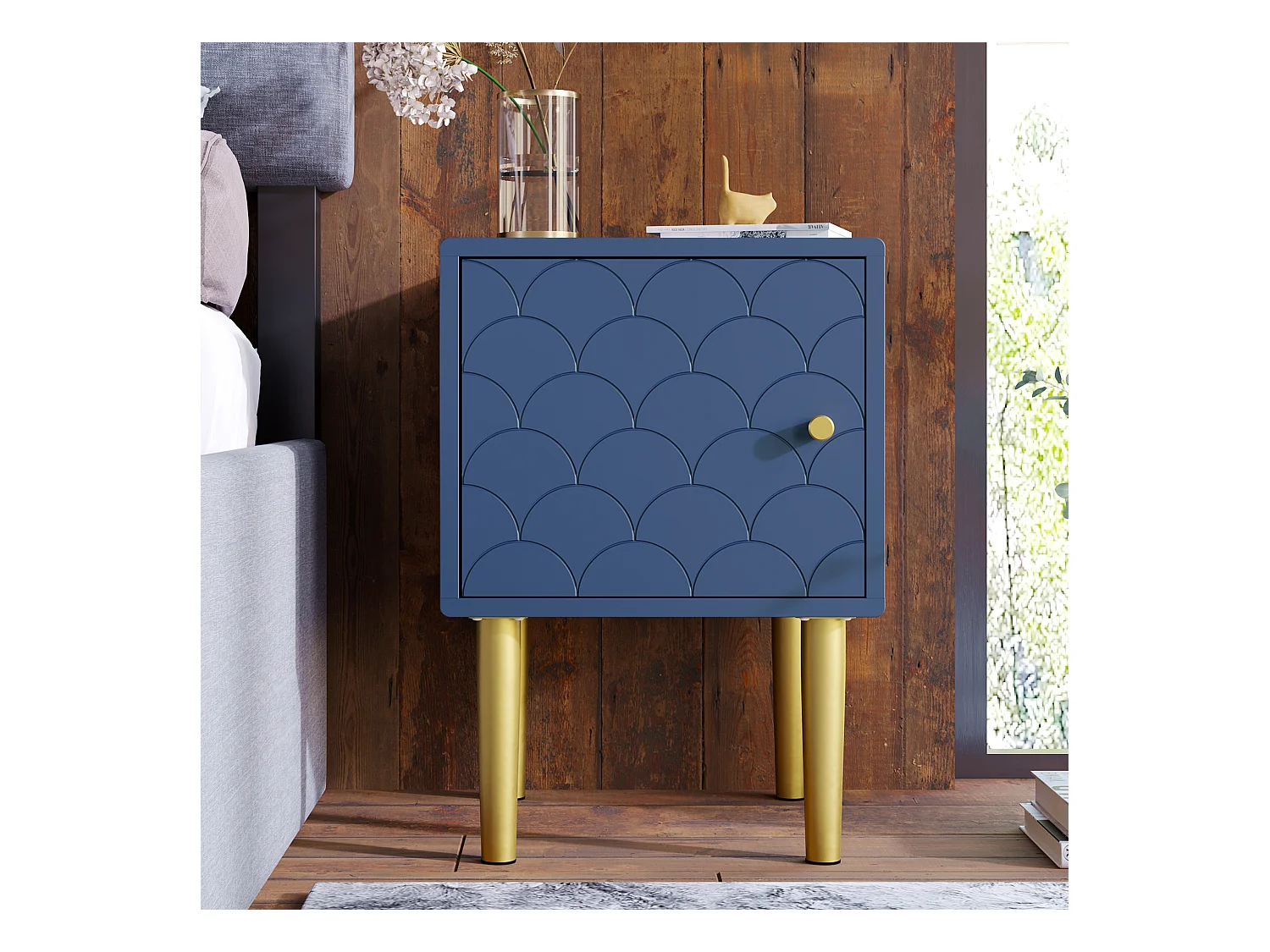 Table de chevet, lot de 2, table d'appoint, bleu marine, motif écailles de poisson, façade en rotin, pieds en métal (H50/L35/P35cm)