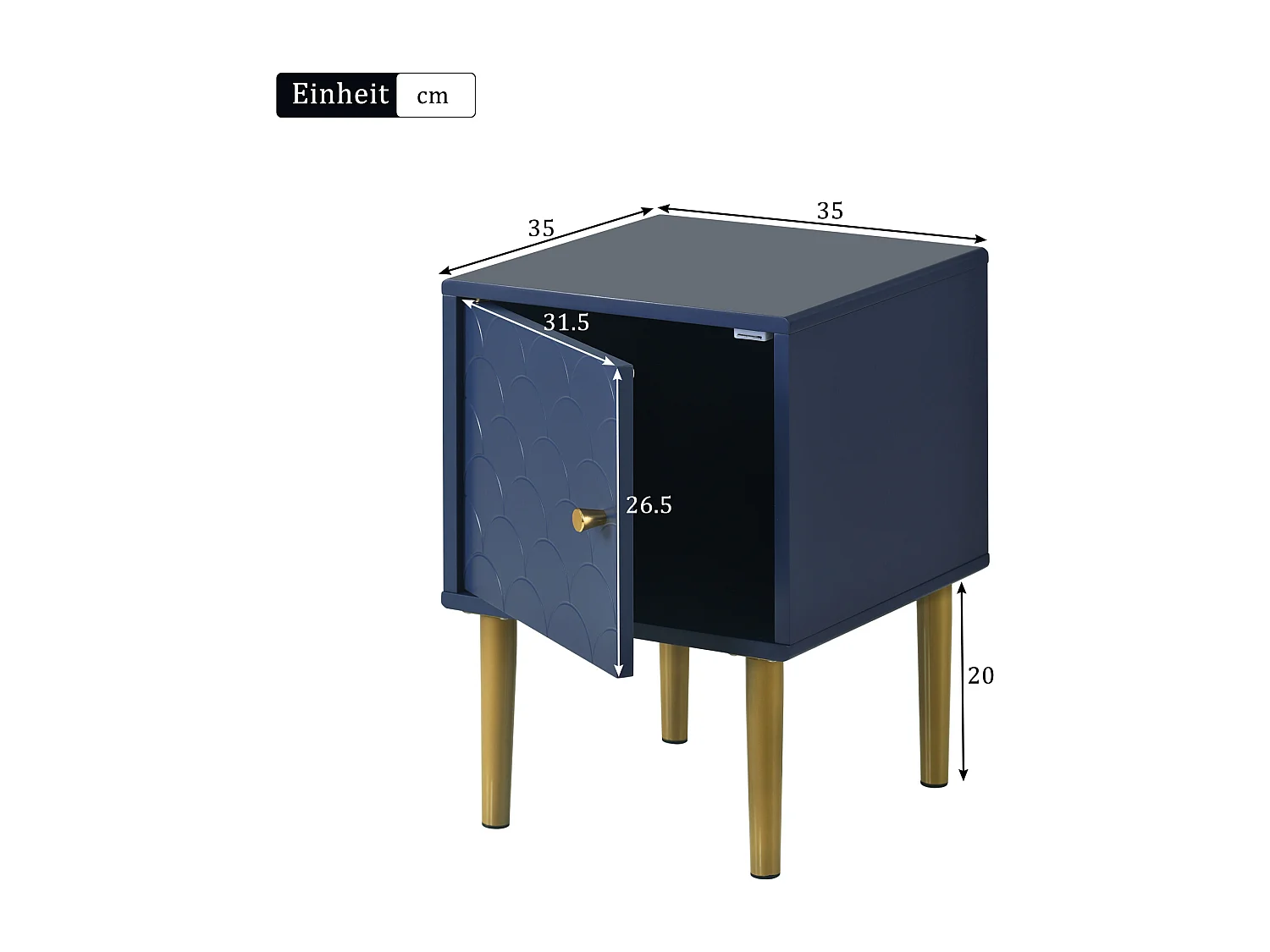 Table de chevet, lot de 2, table d'appoint, bleu marine, motif écailles de poisson, façade en rotin, pieds en métal (H50/L35/P35cm)