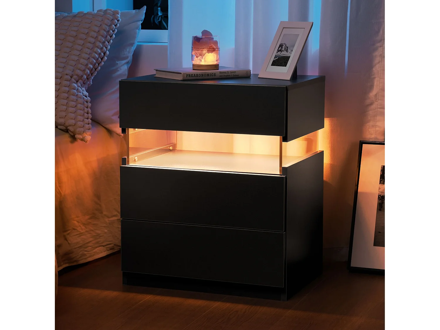Comodino LED con 3 cassetti, comodino LED in acrilico, MDF, nero (48x38x61cm)