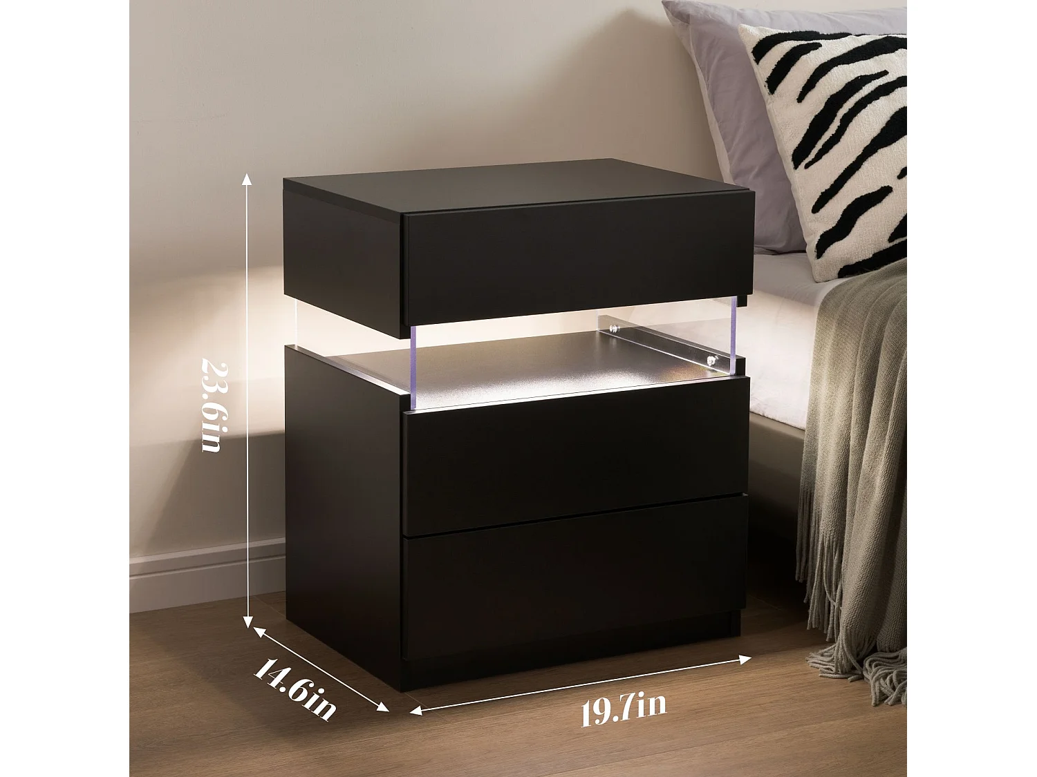 Comodino LED con 3 cassetti, comodino LED in acrilico, MDF, nero (48x38x61cm)