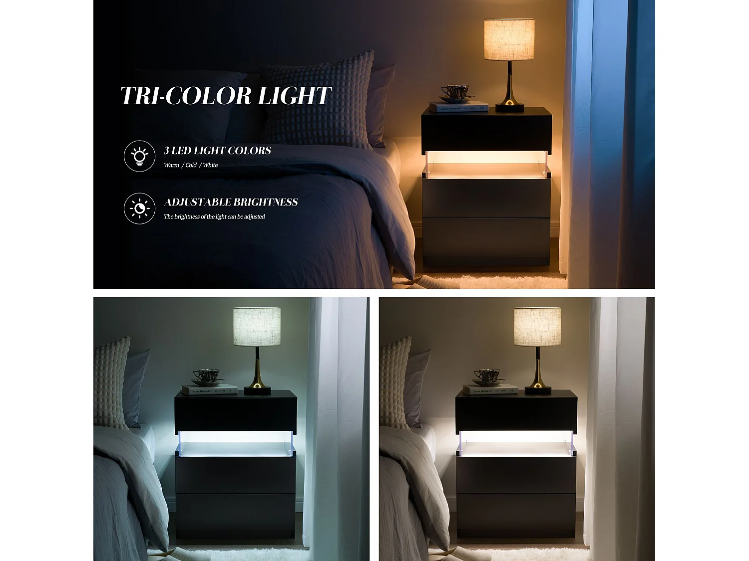 Comodino LED con 3 cassetti, comodino LED in acrilico, MDF, nero (48x38x61cm)