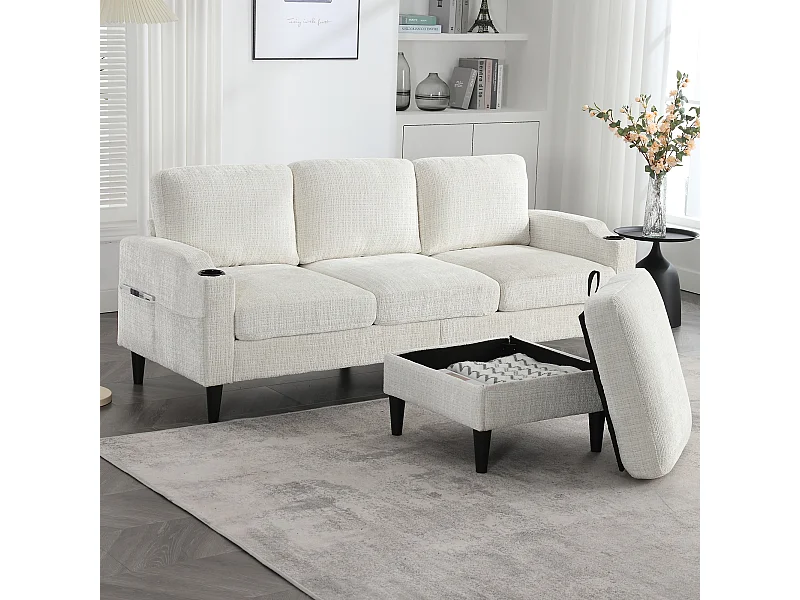 Canapé d'angle beige - Canapé avec repose-pieds et rangement - porte-gobelet et poche de rangement