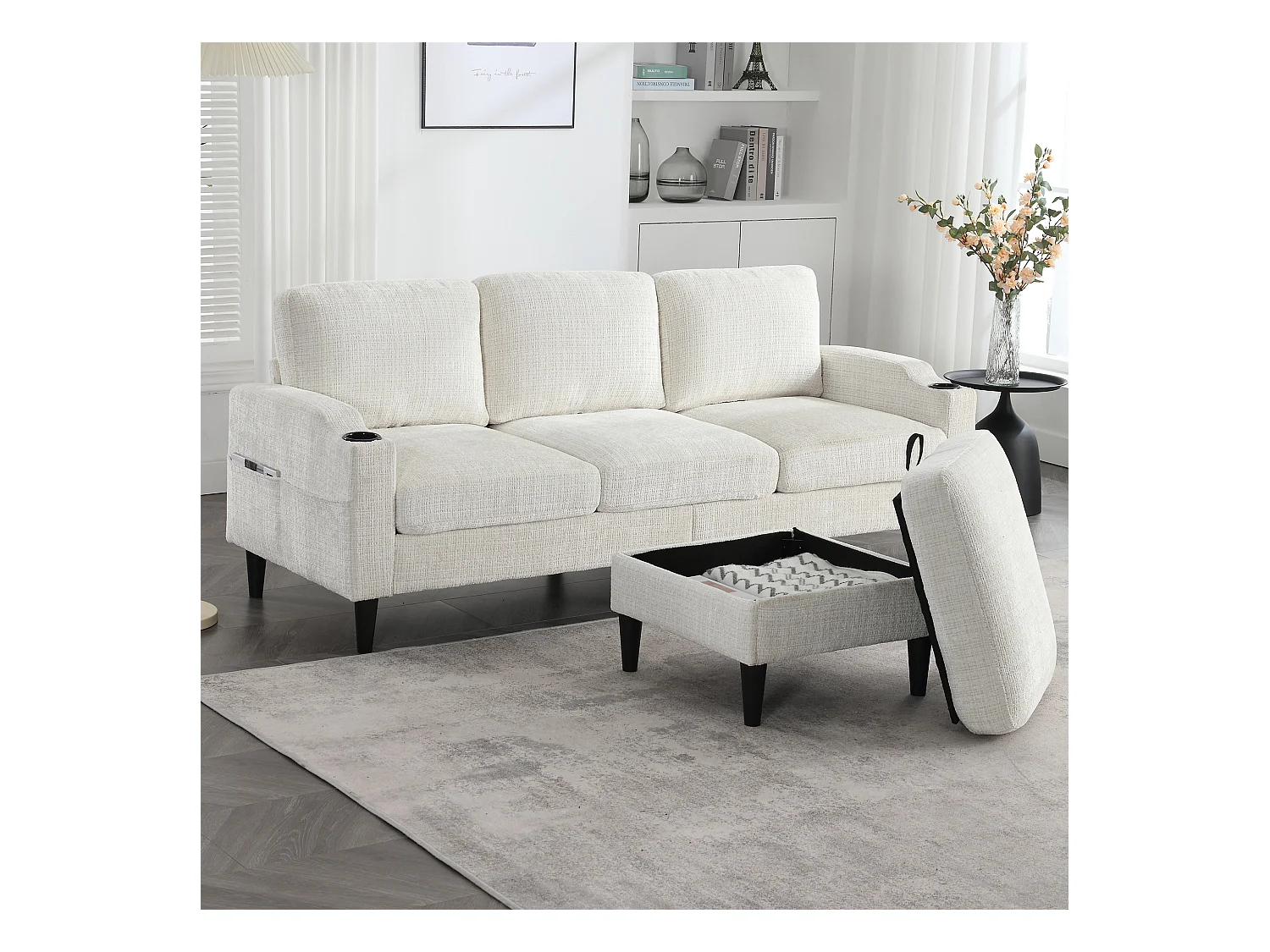 Canapé d'angle beige - Canapé avec repose-pieds et rangement - porte-gobelet et poche de rangement