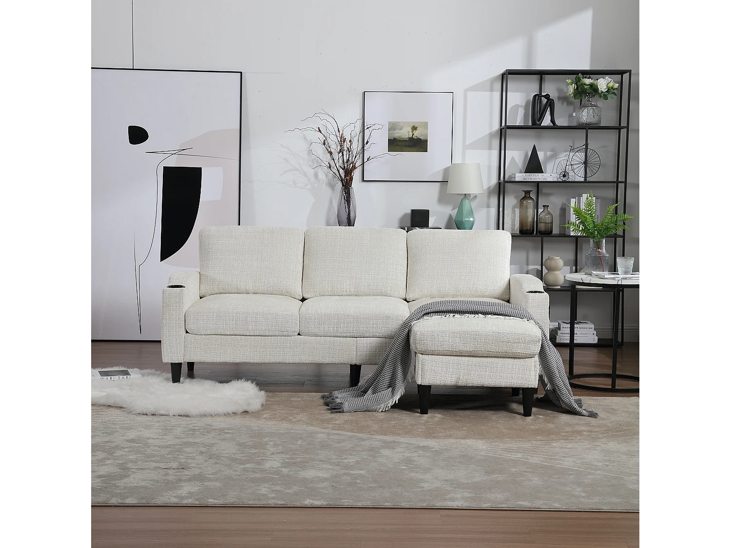 Divano angolare beige - Divano con poggiapiedi e contenitore - portabicchieri e tasca portaoggetti