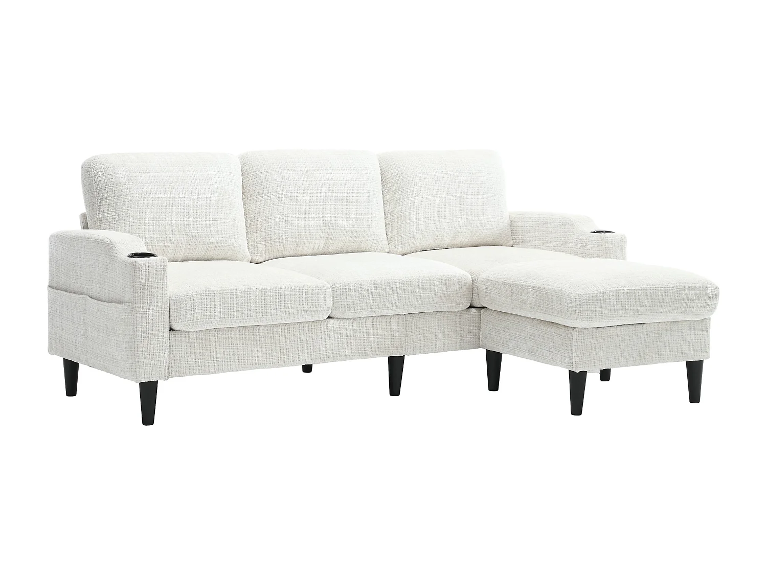 Divano angolare beige - Divano con poggiapiedi e contenitore - portabicchieri e tasca portaoggetti