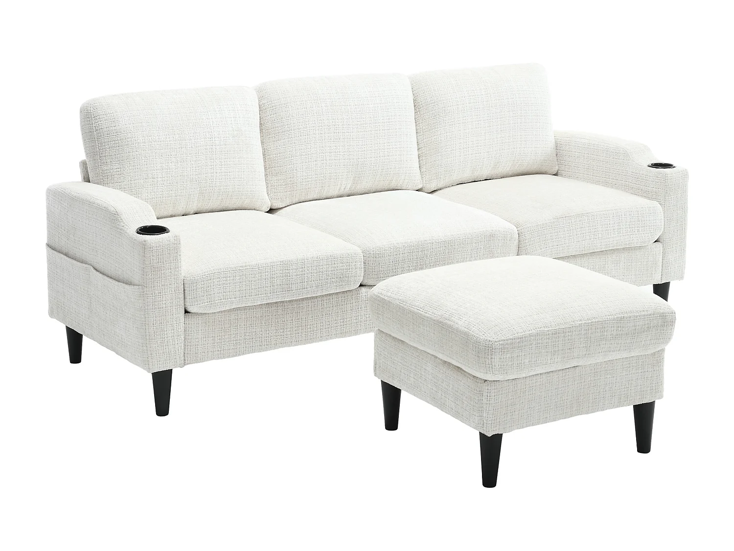 Divano angolare beige - Divano con poggiapiedi e contenitore - portabicchieri e tasca portaoggetti