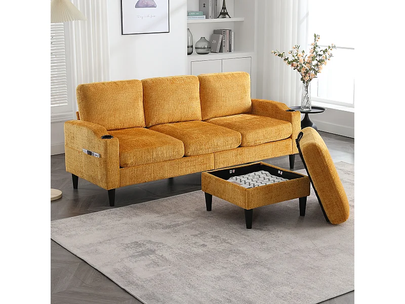 Sofá de canto amarelo - Sofá com pufe e compartimento de arrumação - chenille - suporte para copos e compartimento de arrumação