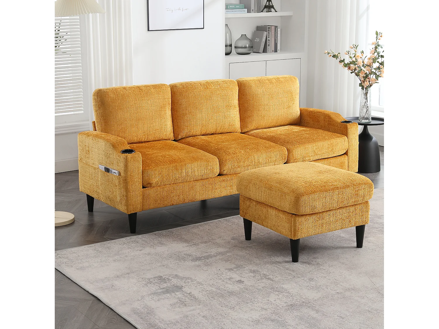 Divano angolare giallo - Divano con poggiapiedi e contenitore - portabicchieri e tasca portaoggetti