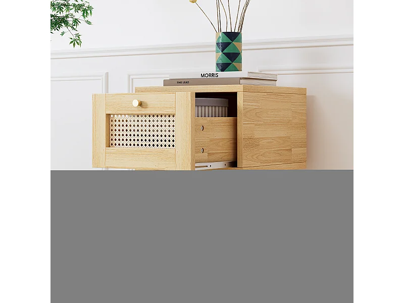 Klassiek nachtkastje met rotan lades, gouden metalen handgreep, houten poten, opbergruimte met 1 lade, wit (38x38x58,5cm)