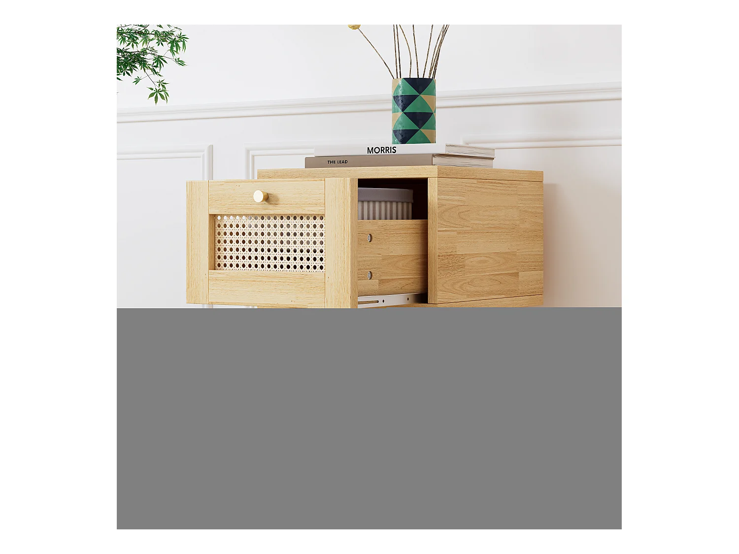 Table de chevet classique avec tiroirs en rotin, poignée en métal doré, pieds en bois, rangement avec 1 tiroir, blanc (38x38x58,5cm)