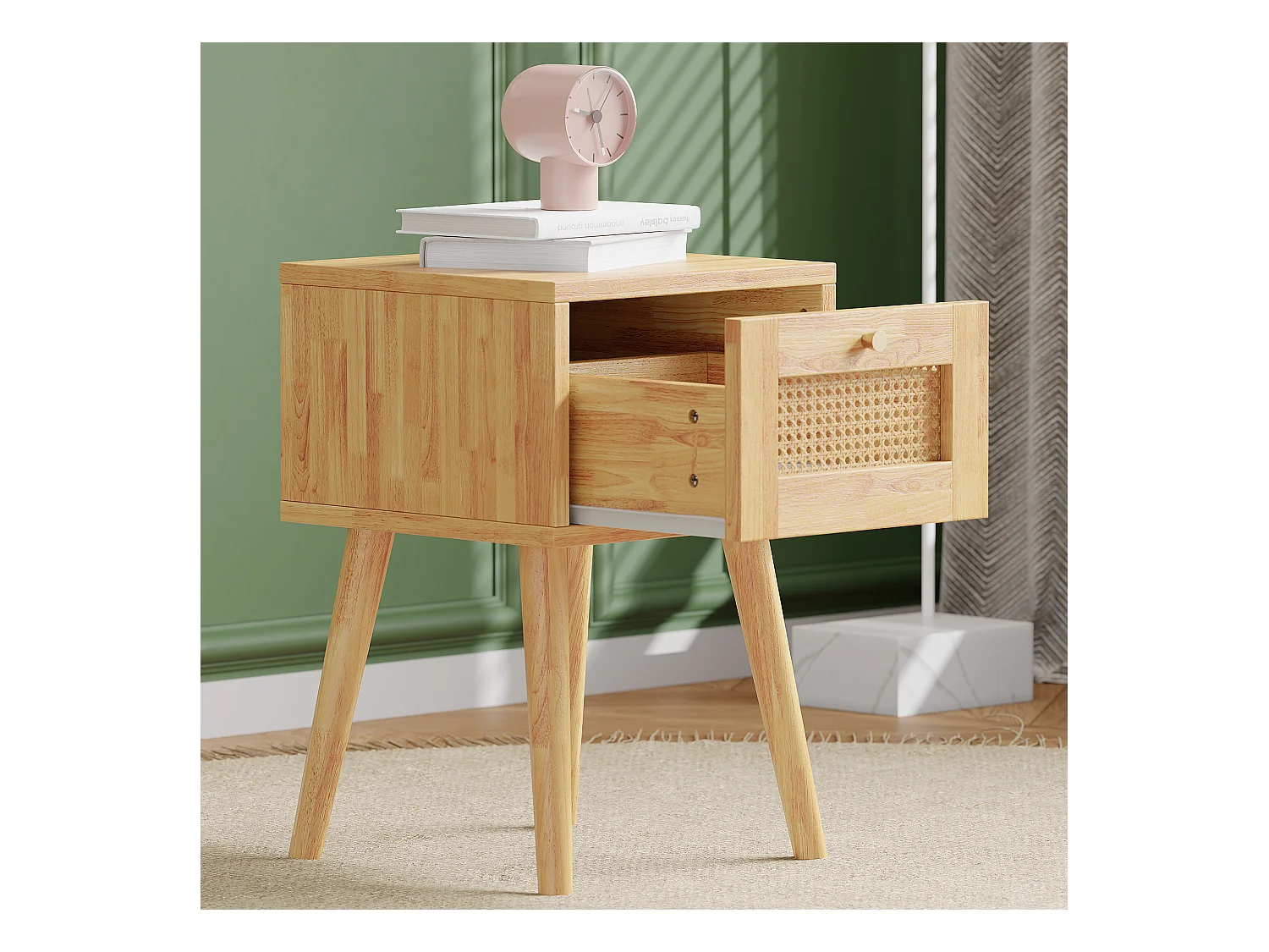 Table de chevet classique avec tiroirs en rotin, poignée en métal doré, pieds en bois, rangement avec 1 tiroir, blanc (38x38x58,5cm)