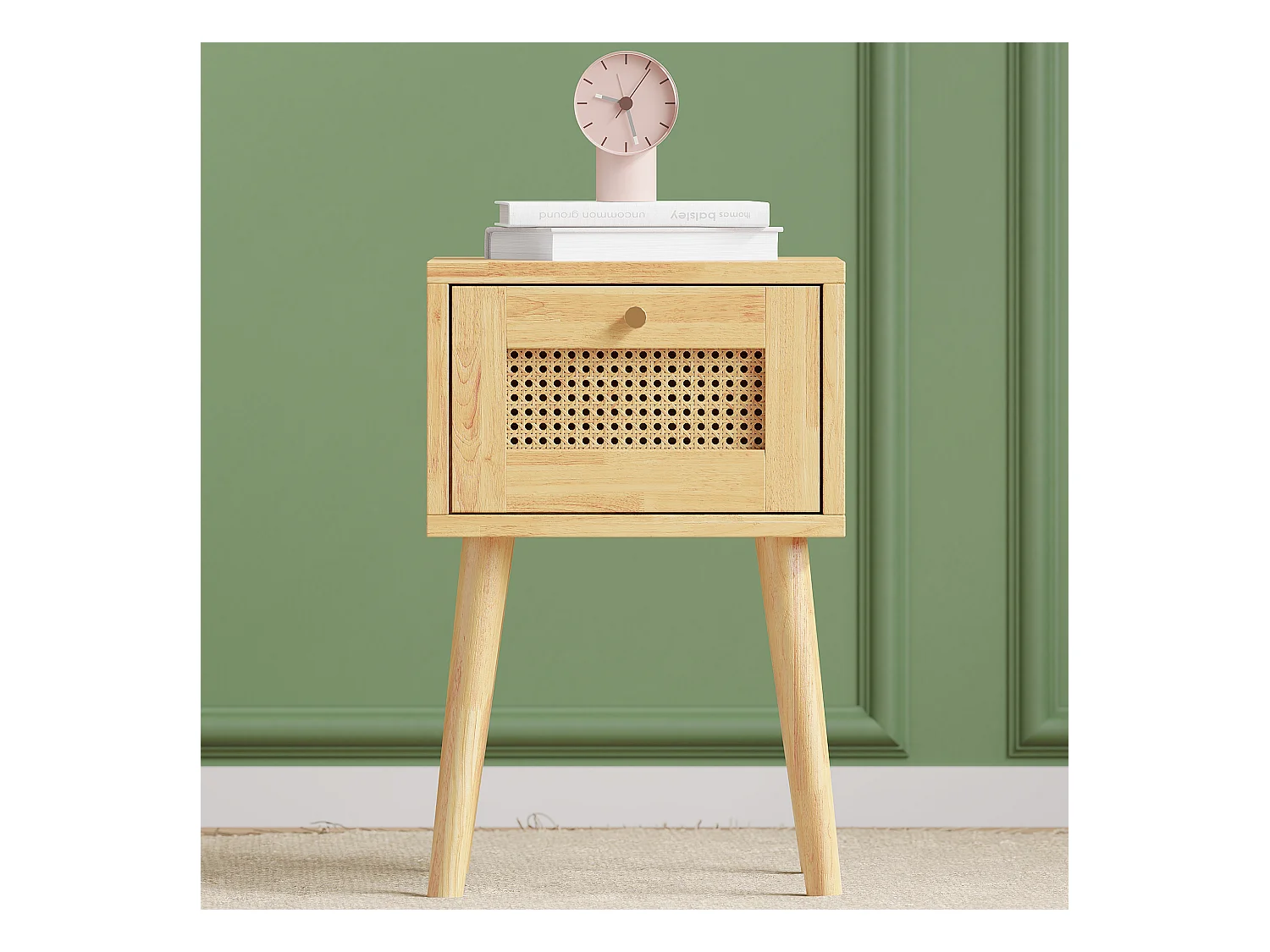 Table de chevet classique avec tiroirs en rotin, poignée en métal doré, pieds en bois, rangement avec 1 tiroir, blanc (38x38x58,5cm)