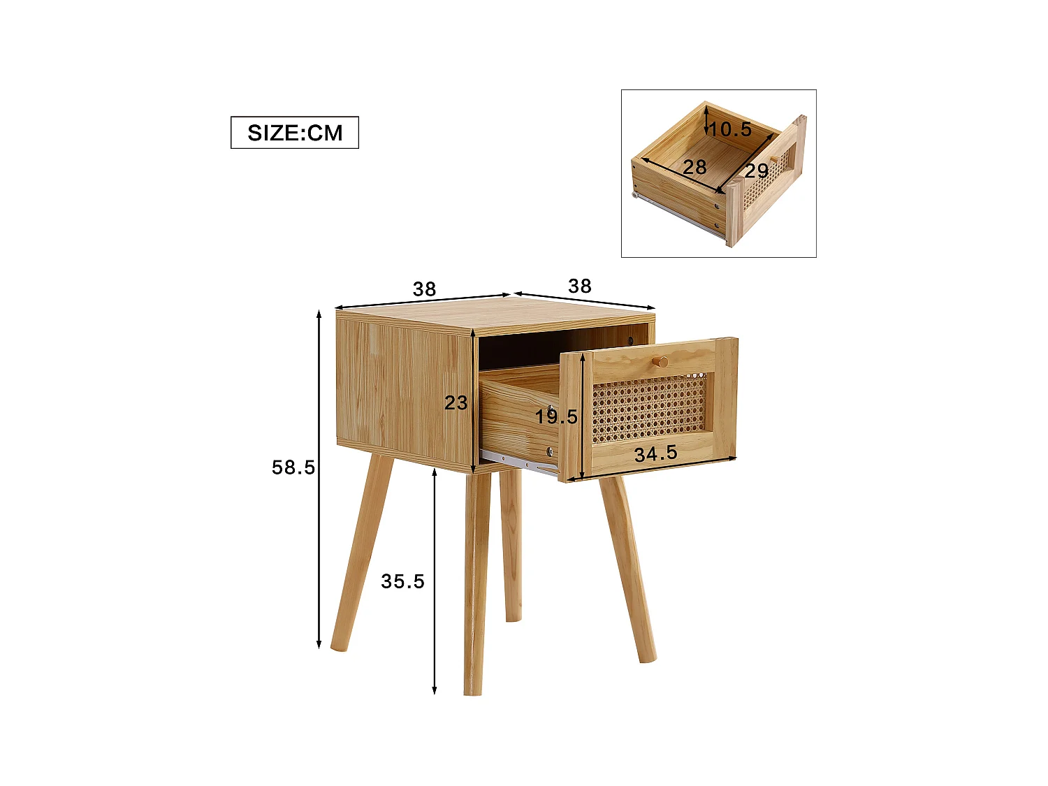 Table de chevet classique avec tiroirs en rotin, poignée en métal doré, pieds en bois, rangement avec 1 tiroir, blanc (38x38x58,5cm)