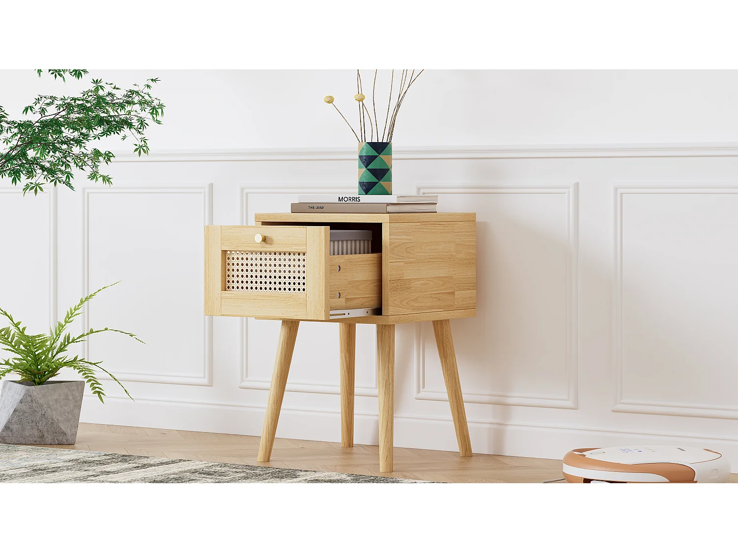 Table de chevet classique avec tiroirs en rotin, poignée en métal doré, pieds en bois, rangement avec 1 tiroir, blanc (38x38x58,5cm)