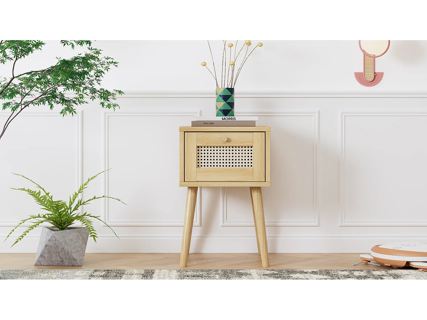 Table de chevet classique avec tiroirs en rotin, poignée en métal doré, pieds en bois, rangement avec 1 tiroir, blanc (38x38x58,5cm)