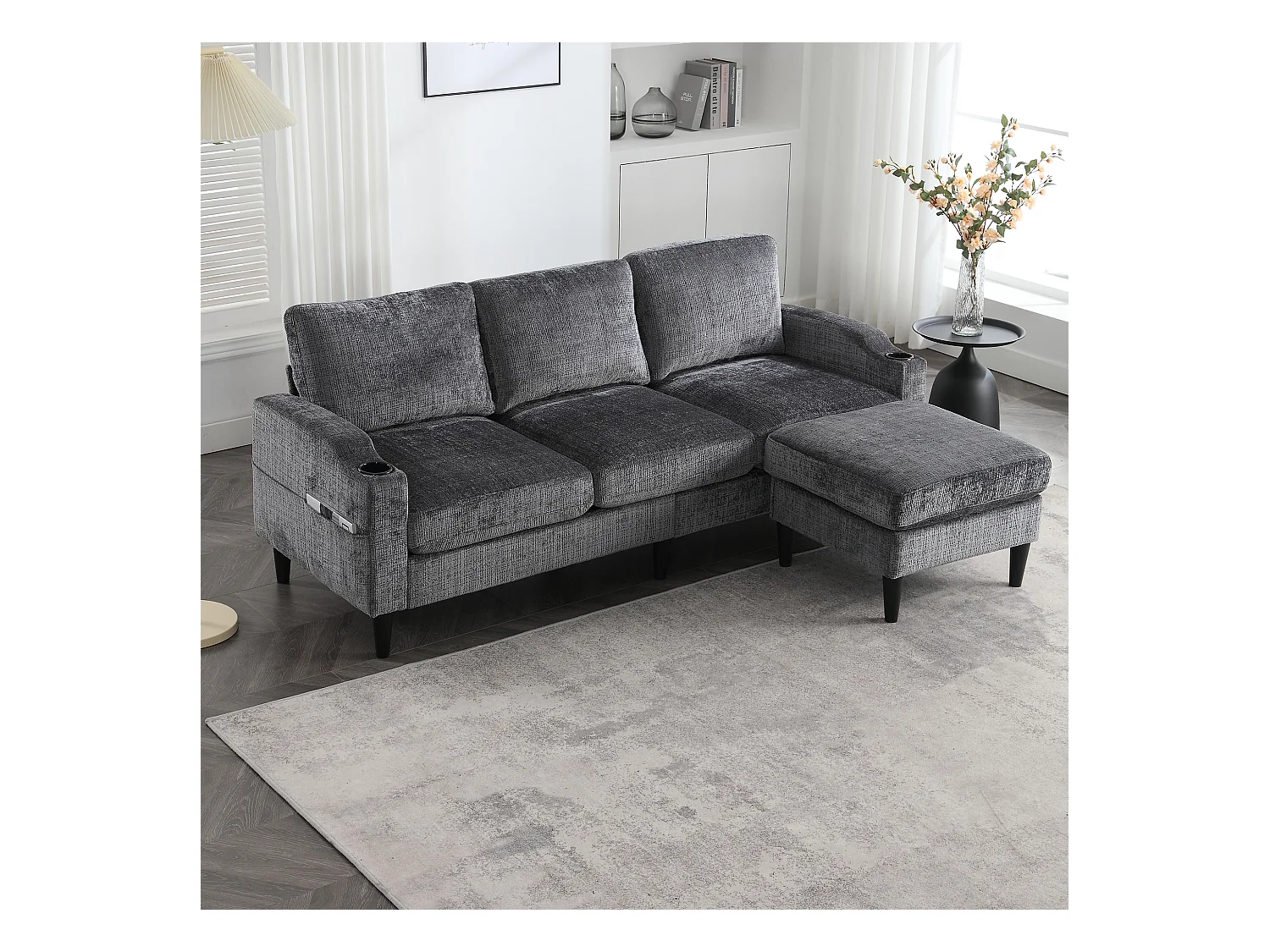 Canapé d'angle gris - Canapé avec repose-pieds et rangement - porte-gobelet et poche de rangement