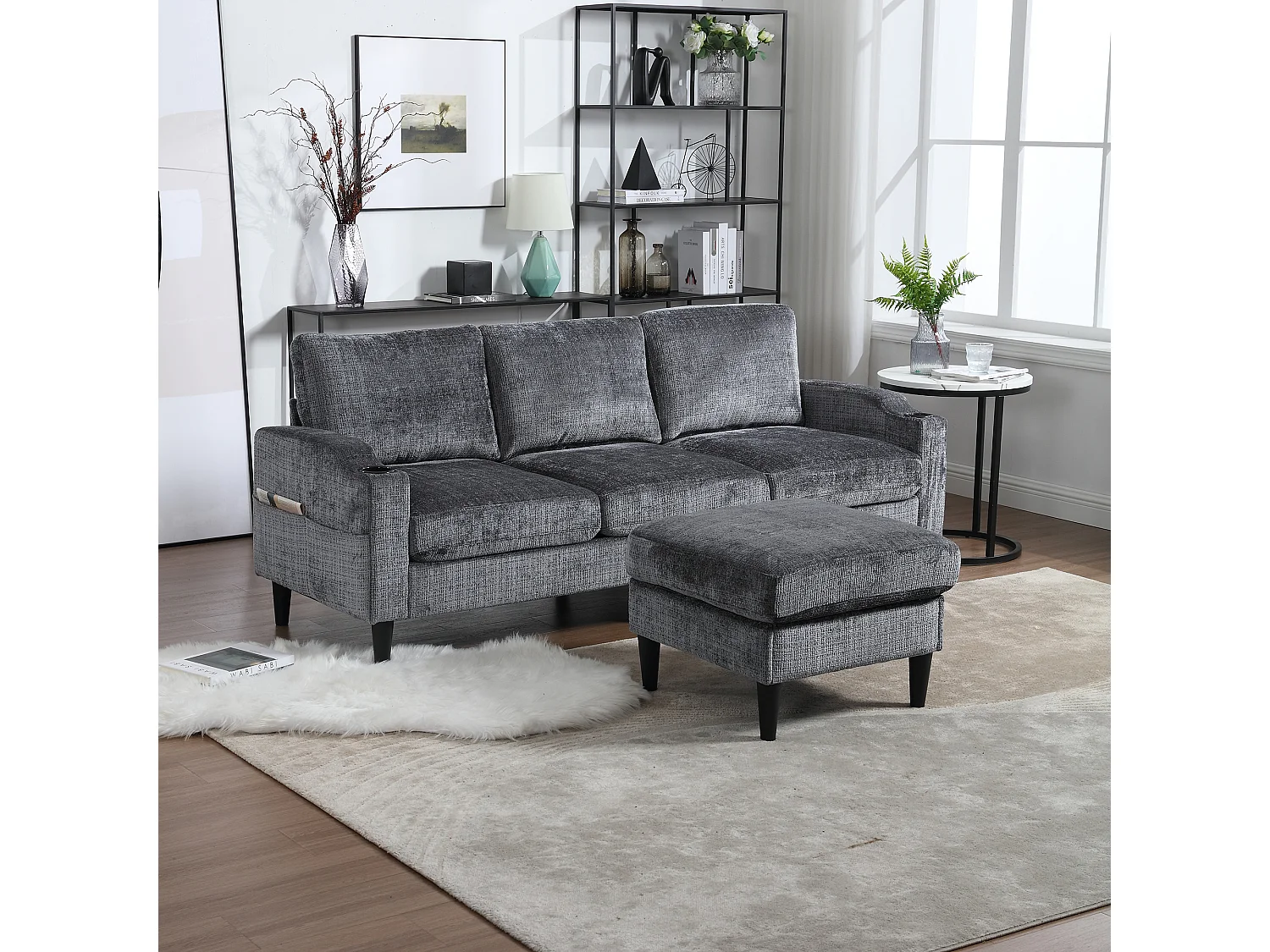 Canapé d'angle gris - Canapé avec repose-pieds et rangement - porte-gobelet et poche de rangement