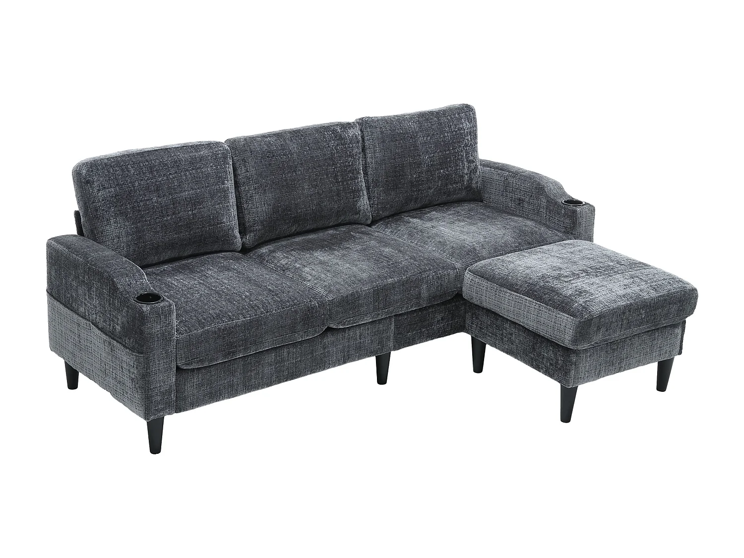 Canapé d'angle gris - Canapé avec repose-pieds et rangement - porte-gobelet et poche de rangement