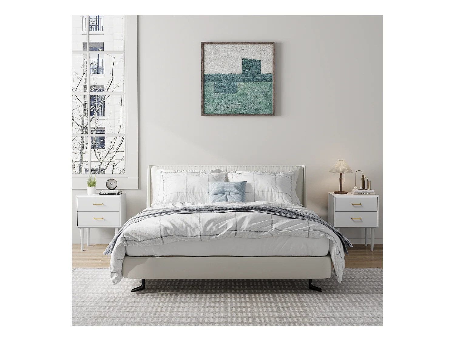 Table de chevet blanche à 2 tiroirs, table de chevet moderne avec pieds en bois, 1 pièce (67,4cmxL 50cmxP 37cm)