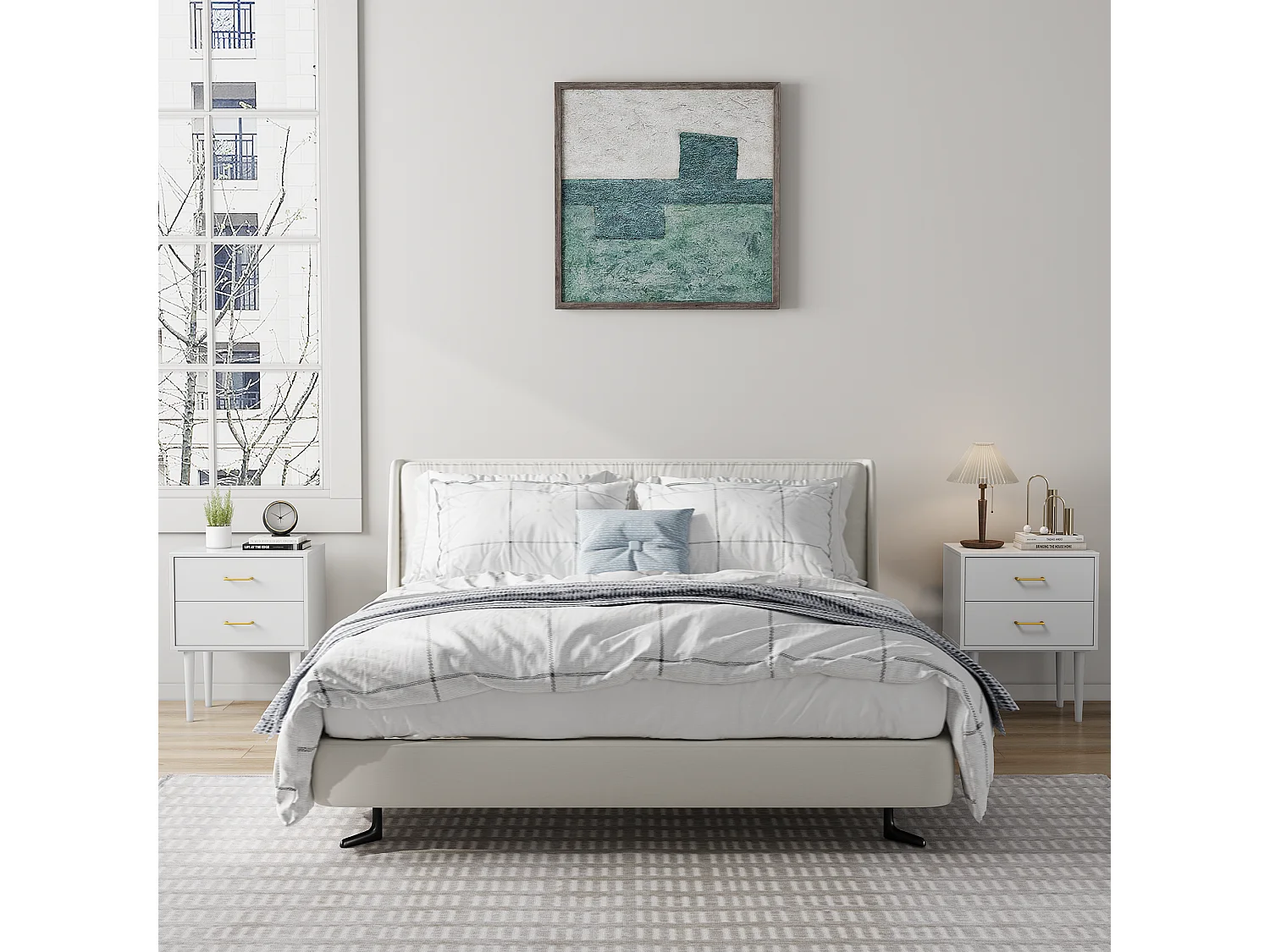 Table de chevet blanche à 2 tiroirs, table de chevet moderne avec pieds en bois, 1 pièce (67,4cmxL 50cmxP 37cm)