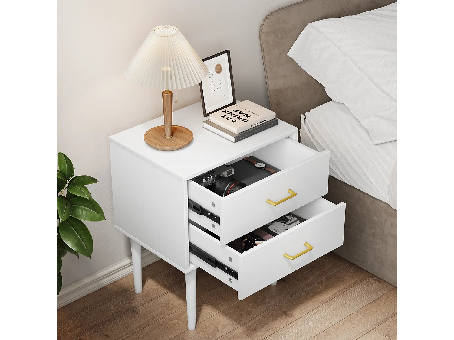 Table de chevet blanche à 2 tiroirs, table de chevet moderne avec pieds en bois, 1 pièce (67,4cmxL 50cmxP 37cm)