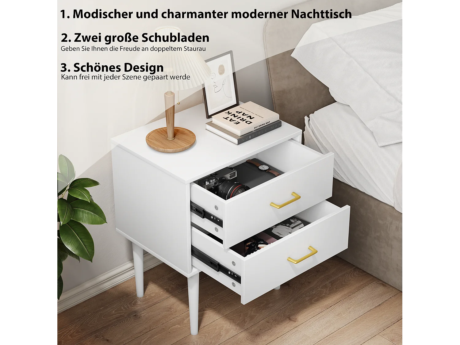 Table de chevet blanche à 2 tiroirs, table de chevet moderne avec pieds en bois, 1 pièce (67,4cmxL 50cmxP 37cm)