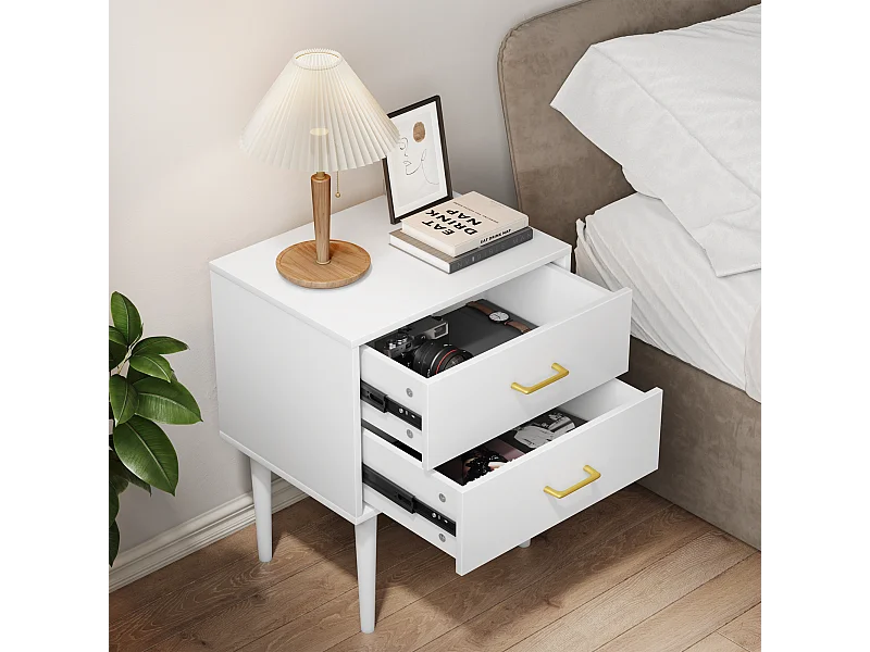 Table de chevet blanche à 2 tiroirs, table de chevet moderne avec pieds en bois, 1 pièce (67,4cmxL 50cmxP 37cm)