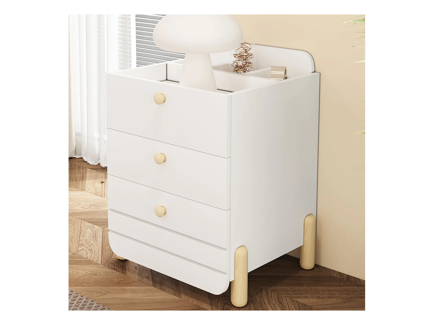 Table de chevet 3 tiroirs, design silencieux, pieds couleur bois, rangement, MDF, blanc (64x40x83cm)