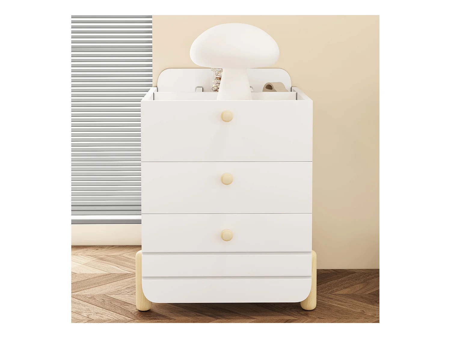 Table de chevet 3 tiroirs, design silencieux, pieds couleur bois, rangement, MDF, blanc (64x40x83cm)