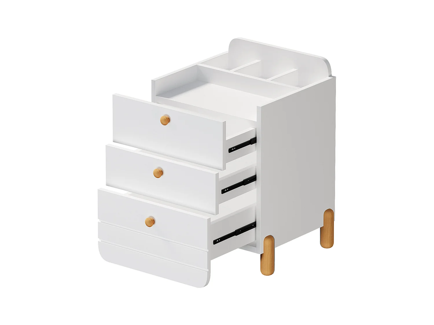 Table de chevet 3 tiroirs, design silencieux, pieds couleur bois, rangement, MDF, blanc (64x40x83cm)